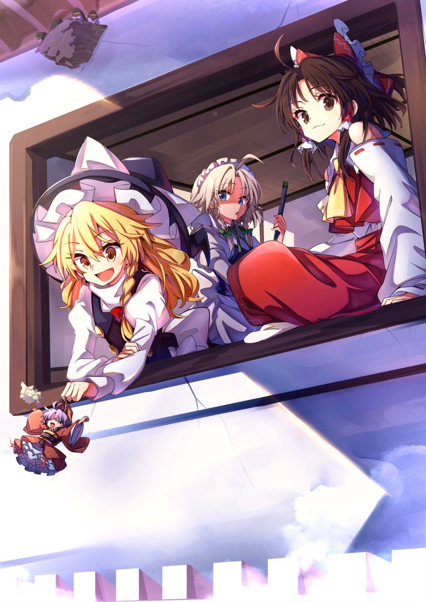 hakurei reimu, kirisame marisa, izayoi sakuya, and sukuna shinmyoumaru (touhou and 1 more) drawn by baba_(baba_seimaijo)