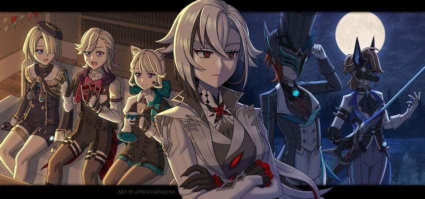 arlecchino, lynette, lyney, freminet, frost operative, and 1 more (genshin impact) drawn by pralinesquire