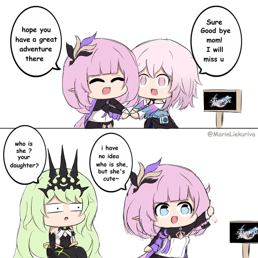 elysia, march 7th, and mobius (honkai and 2 more) drawn by marin_liekuriva