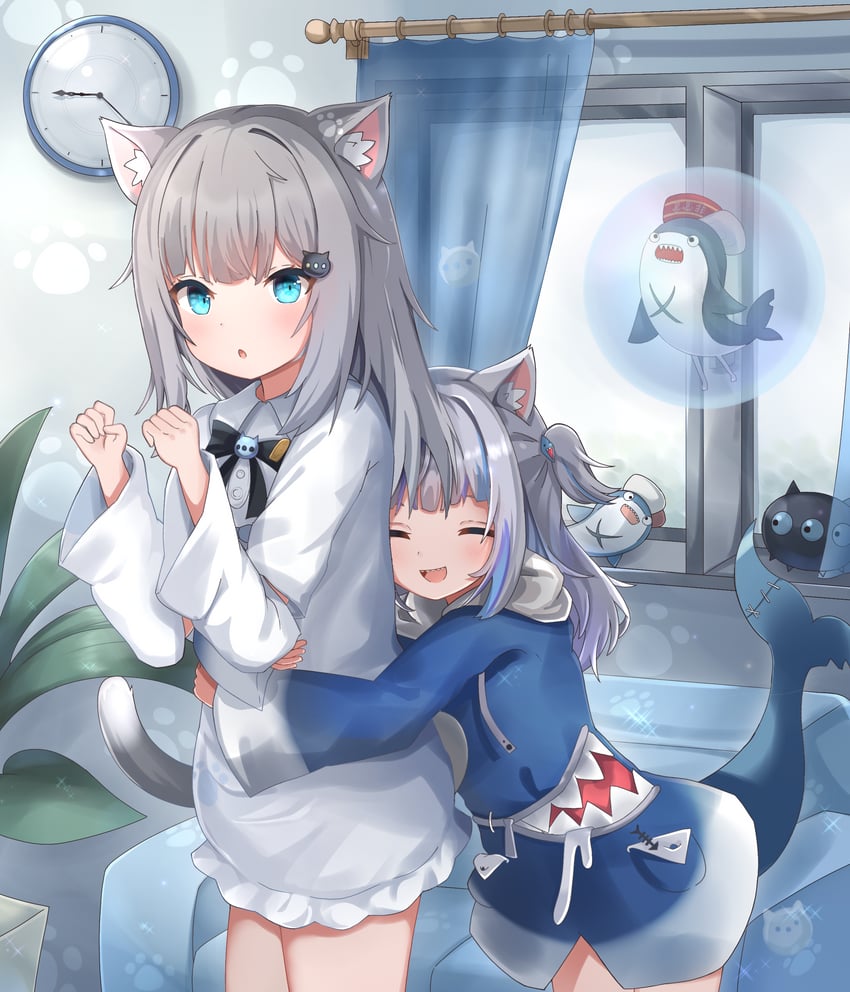 gawr gura, bloop, and nachoneko (hololive and 2 more) drawn by nekopurin_(nyanko_prin)