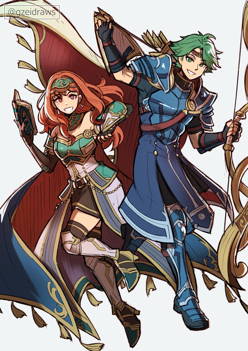 celica and alm (fire emblem and 2 more) drawn by gzei