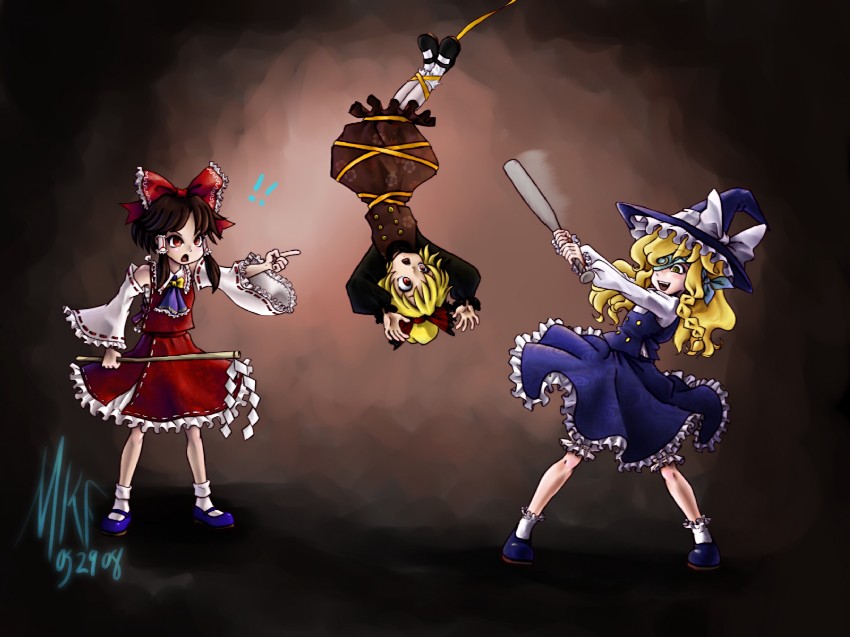 hakurei reimu, kirisame marisa, and kurodani yamame (touhou) drawn by madkoifish