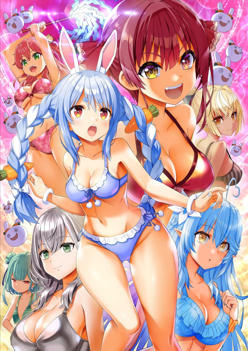 houshou marine, usada pekora, sakura miko, shirogane noel, yukihana lamy, and 2 more (hololive and 1 more) drawn by zless
