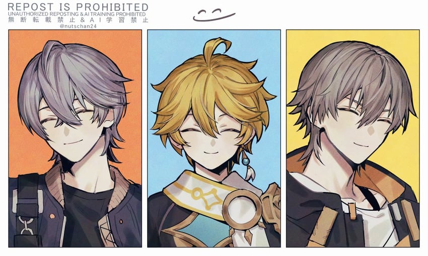 trailblazer, aether, caelus, and wise (genshin impact and 4 more) drawn by nutschan24