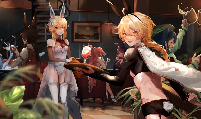 lumine, raiden shogun, aether, yae miko, zhongli, and 3 more (genshin impact) drawn by kizuku_vii