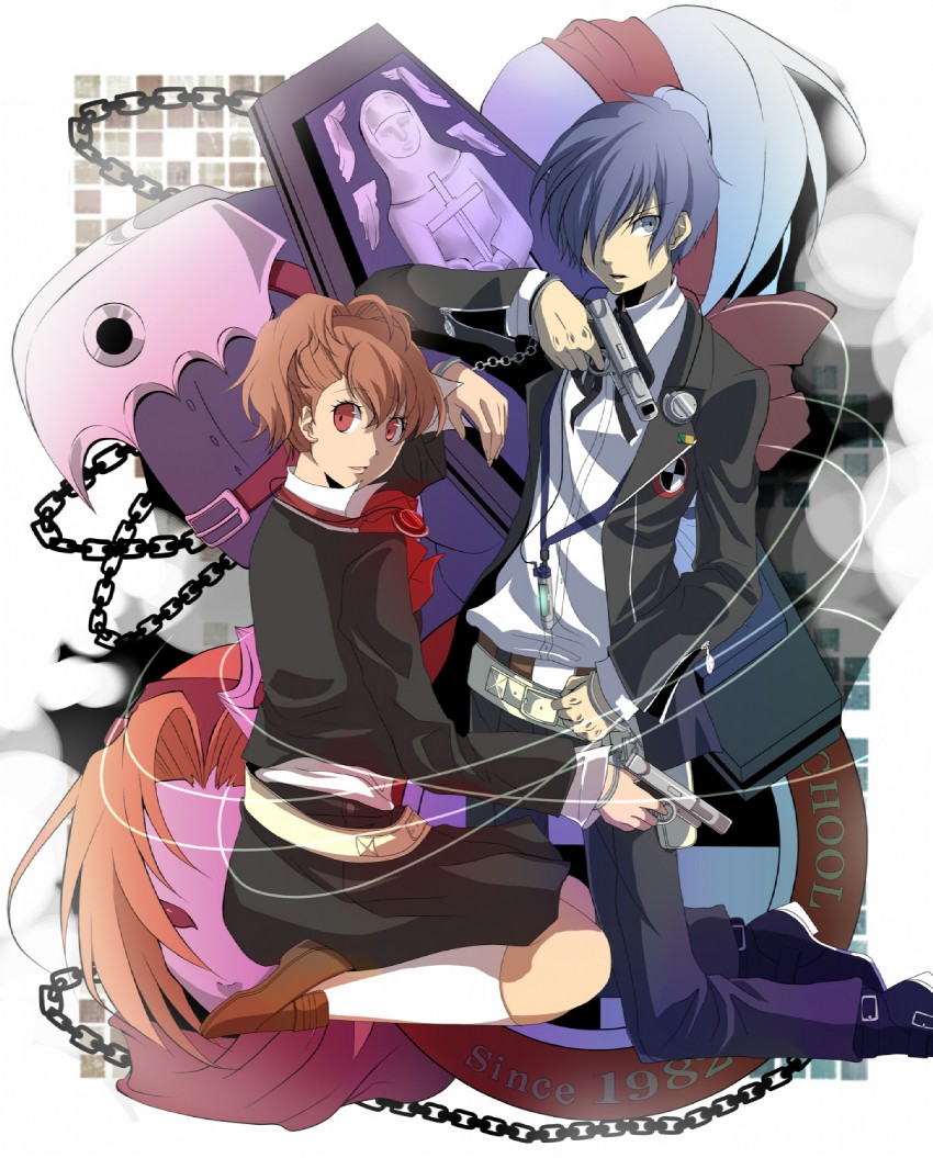 yuuki makoto, shiomi kotone, thanatos, and orpheus (persona and 2 more) drawn by kazanami
