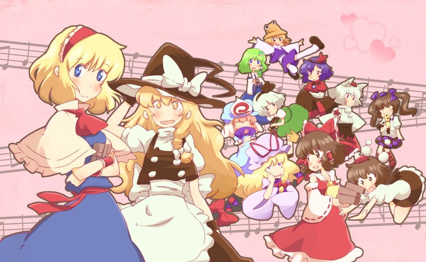 hakurei reimu, kirisame marisa, kochiya sanae, konpaku youmu, alice margatroid, and 6 more (touhou) drawn by non_(z-art)