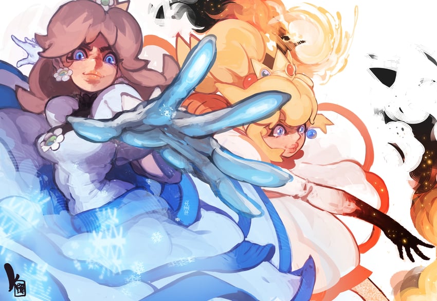 princess peach, princess daisy, and fire peach (mario) drawn by keziedra