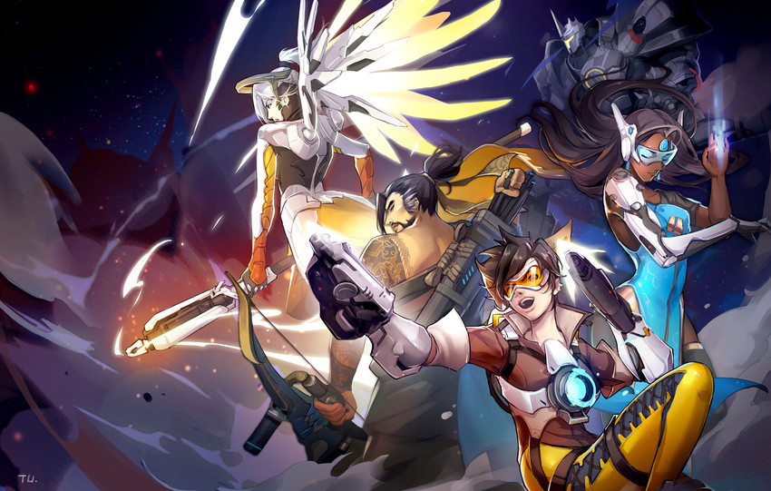 mercy, tracer, hanzo, symmetra, and reinhardt (overwatch and 1 more) drawn by tracyton
