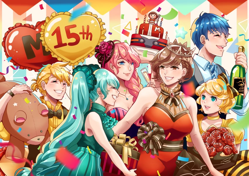 hatsune miku, kagamine rin, kagamine len, megurine luka, kaito, and 1 more (vocaloid) drawn by ryllen_art