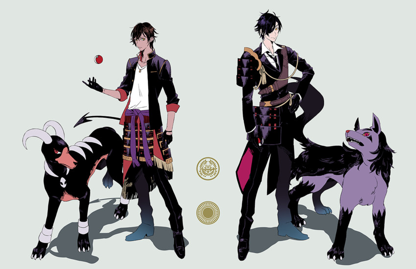 shokudaikiri mitsutada, houndoom, ookurikara, and mightyena (pokemon and 1 more) drawn by rowya