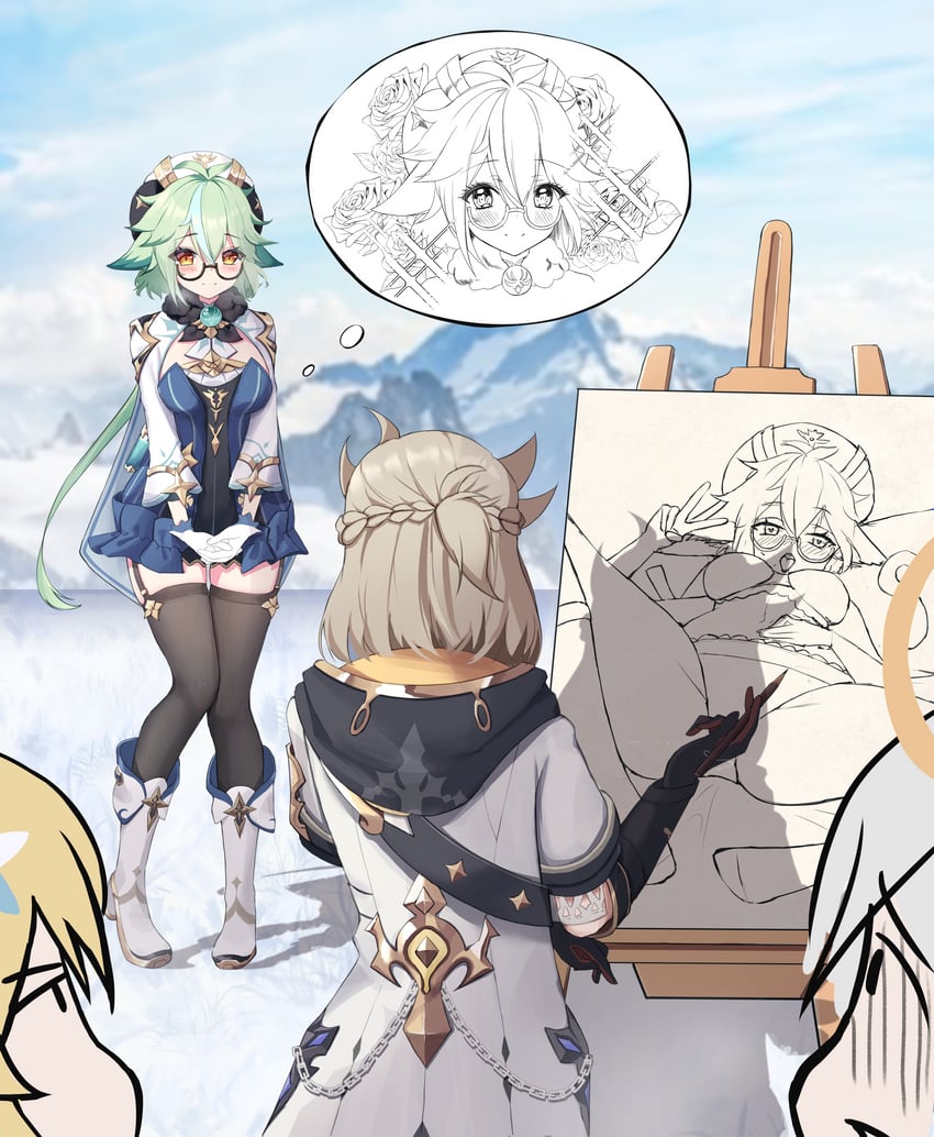 lumine, paimon, albedo, and sucrose (genshin impact) drawn by bitseon