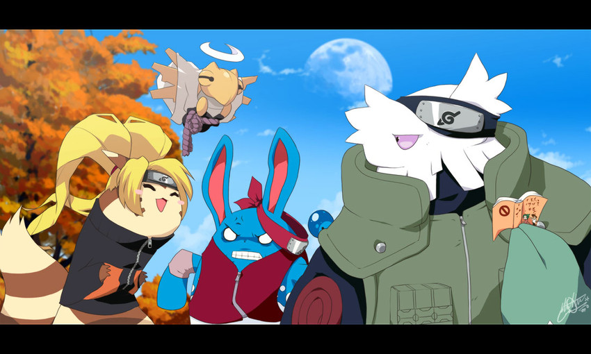 haruno sakura, uzumaki naruto, uchiha sasuke, furret, hatake kakashi, and 3 more (pokemon and 1 more) drawn by matt_cummings