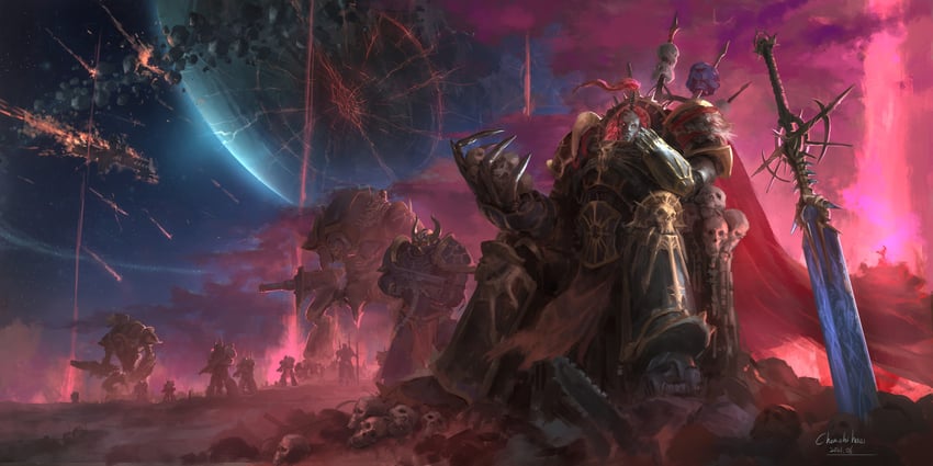 adeptus astartes, chaos space marine, collegia titanica, and abbadon the despoiler (warhammer 40k) drawn by chenchihuei