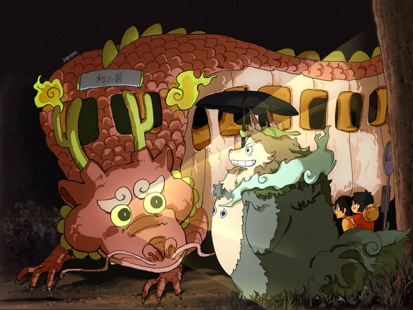monkey d. luffy, yamato, portgas d. ace, totoro, kouzuki momonosuke, and 1 more (one piece and 1 more) drawn by koruron