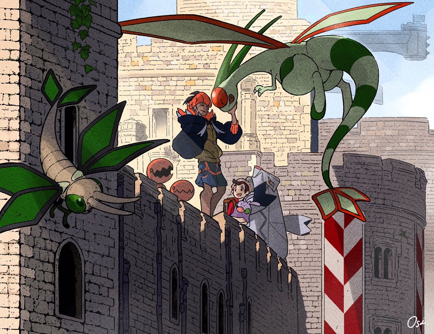 raihan, victor, flygon, goomy, trapinch, and 2 more (pokemon and 1 more) drawn by oshiruko_(oshiruko_s2)