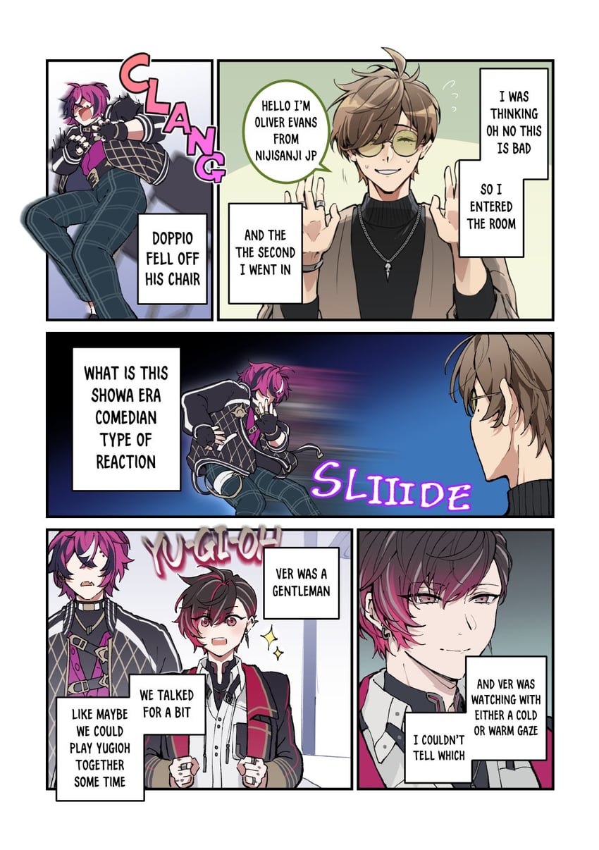 doppio dropscythe, oliver evans, and ver vermillion (nijisanji and 1 more) drawn by jin_(pineeeapple)