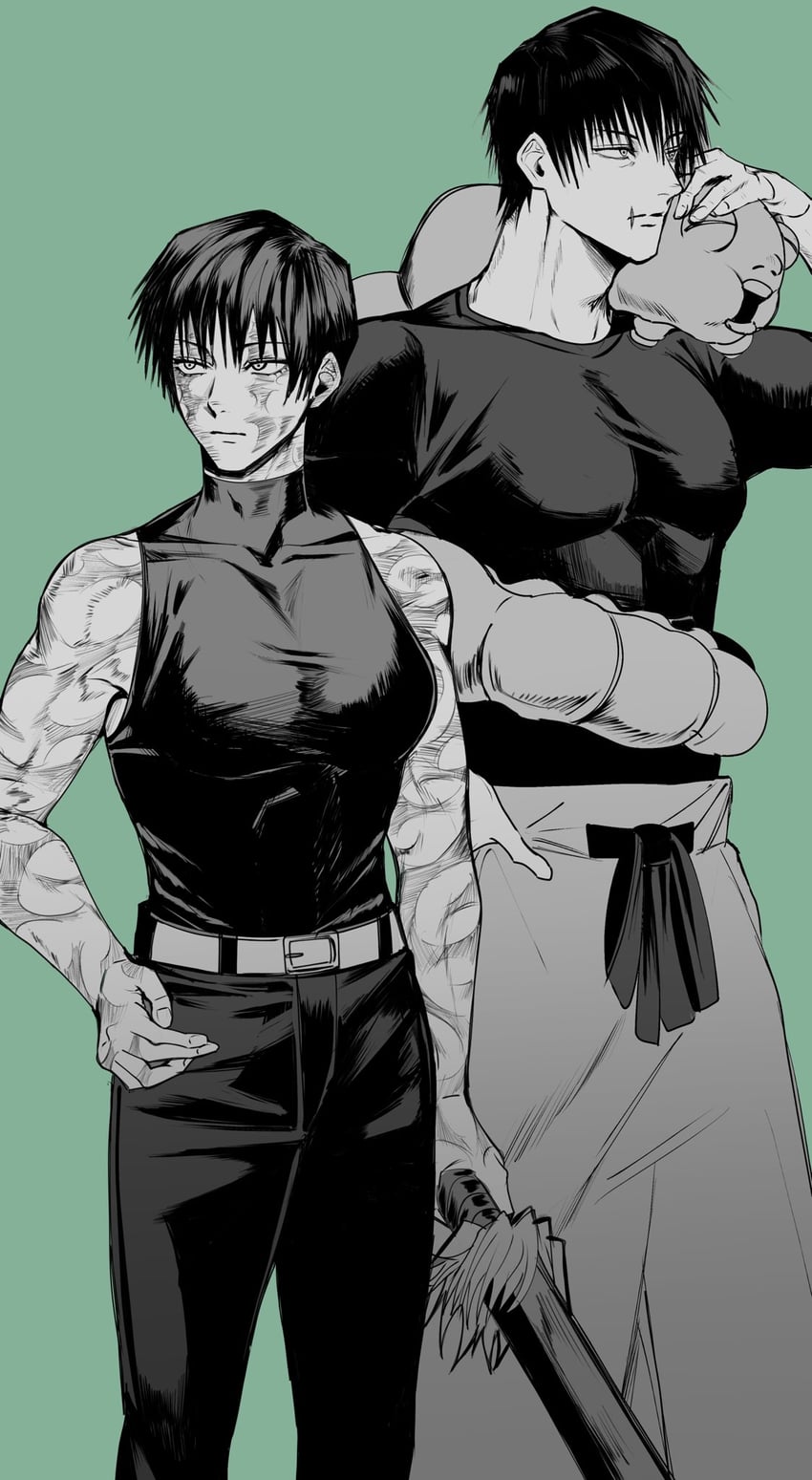 fushiguro touji, zen'in maki, and inventory curse (jujutsu kaisen) drawn by yofu_(0042_2400)