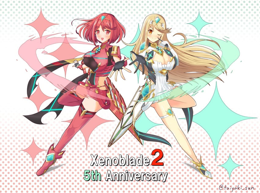 pyra and mythra (xenoblade chronicles and 1 more) drawn by taiyakisun