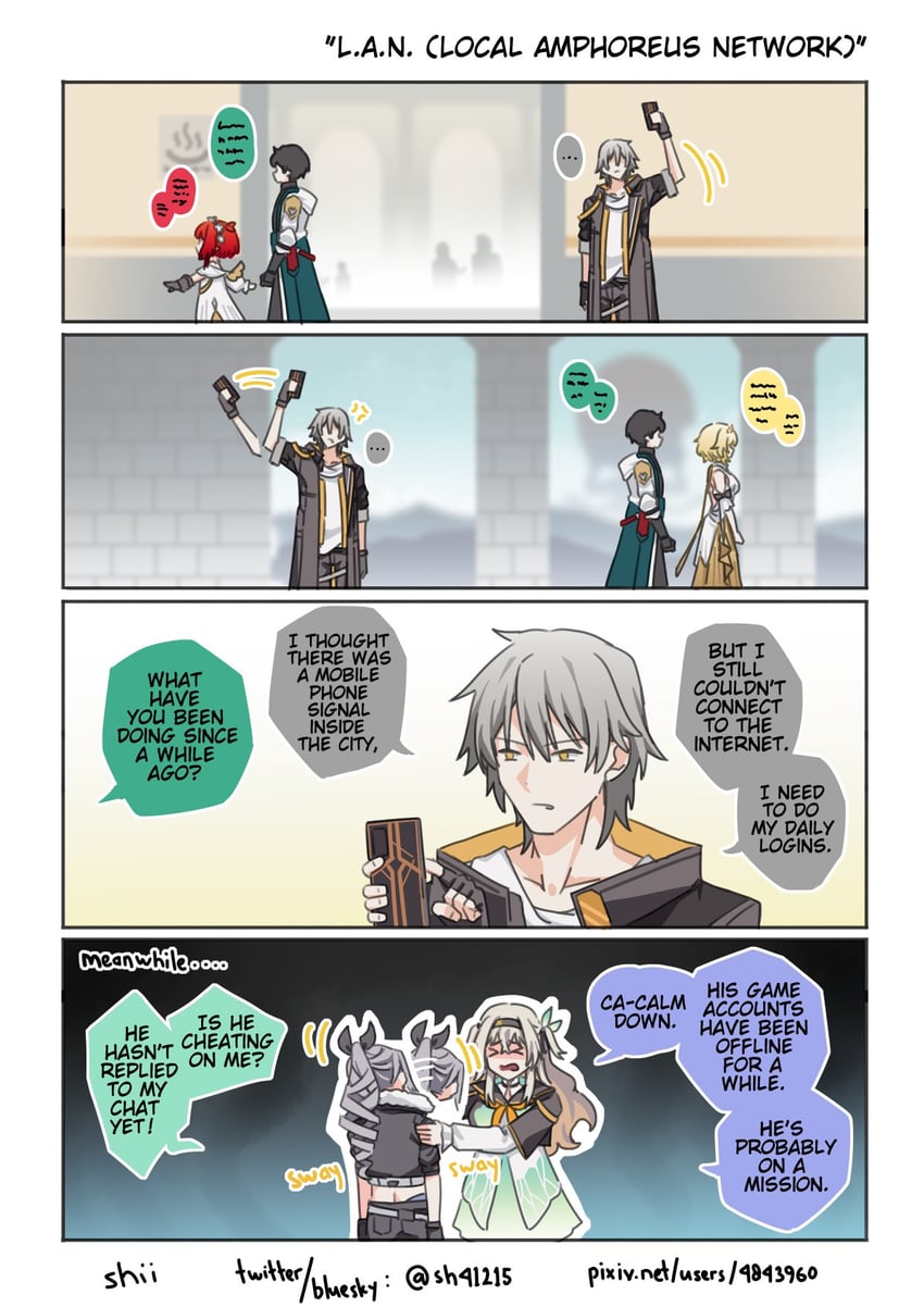 trailblazer, firefly, caelus, silver wolf, dan heng, and 1 more (honkai and 1 more) drawn by shi_(shi4557)
