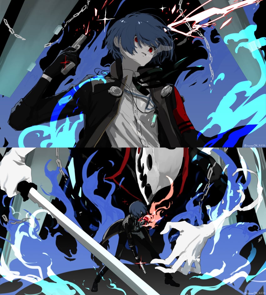 yuuki makoto and thanatos (persona and 2 more) drawn by tamaon_2525