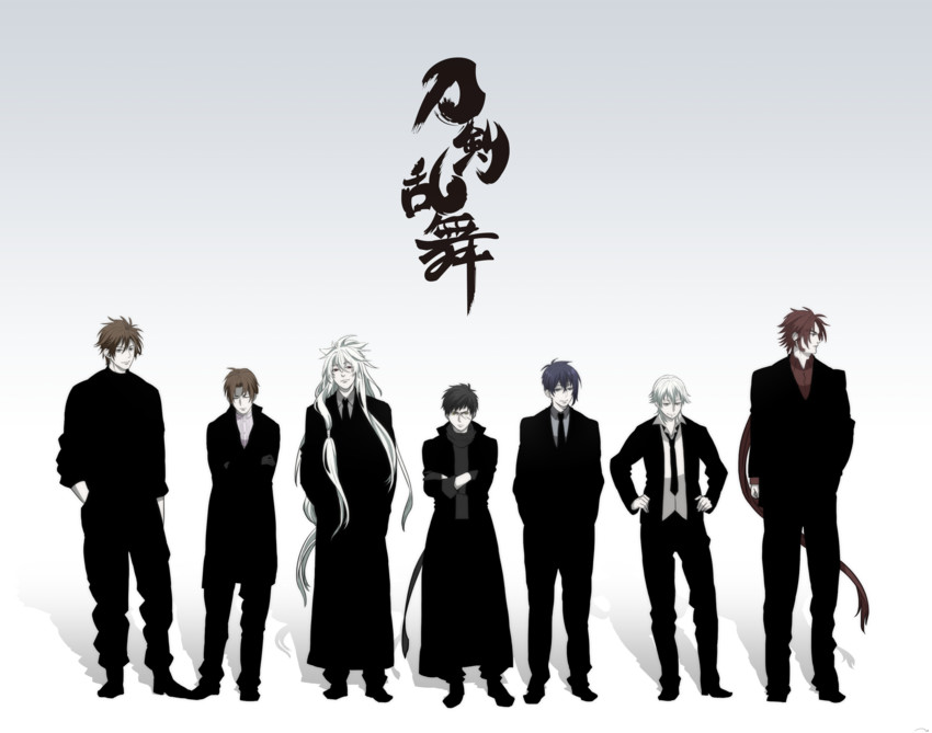 mikazuki munechika, tsurumaru kuninaga, kogitsunemaru, heshikiri hasebe, doudanuki masakuni, and 2 more (touken ranbu and 1 more) drawn by rokaji