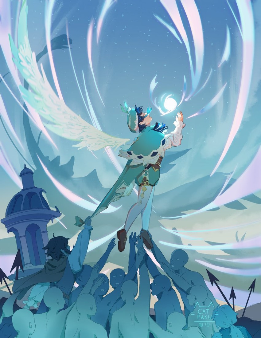 venti, dvalin, and nameless bard (genshin impact) drawn by catpaku