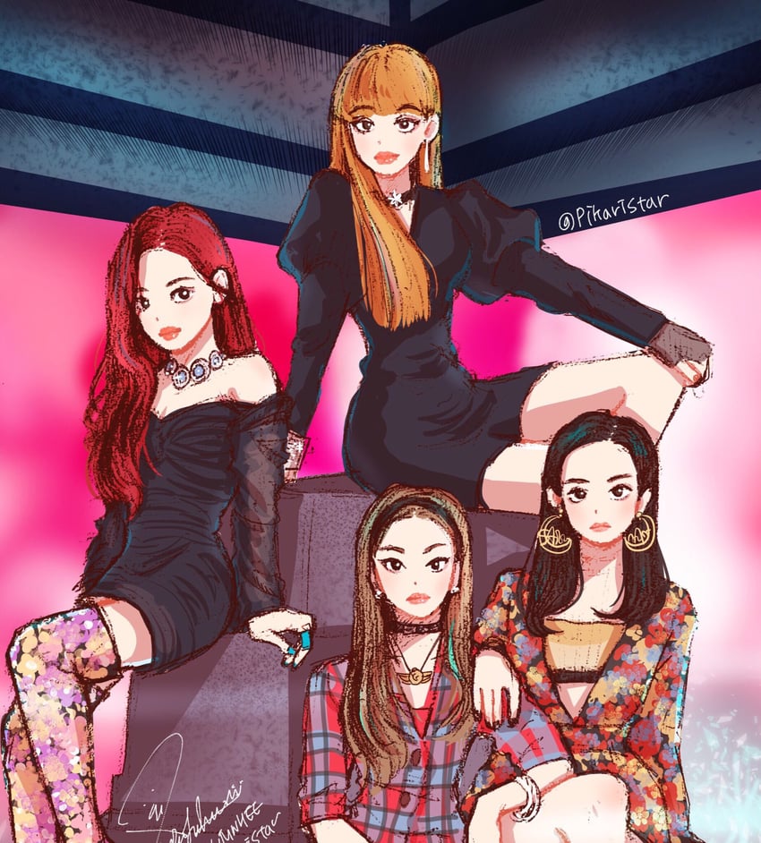 rose, lisa, jennie, and jisoo (real life and 1 more) drawn by pikaristar