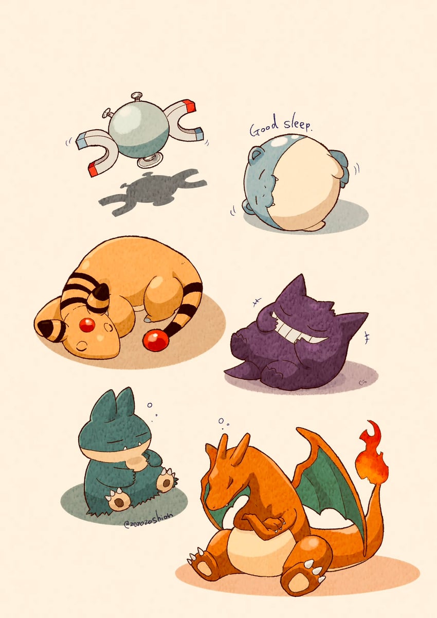 charizard, gengar, magnemite, ampharos, munchlax, and 1 more (pokemon) drawn by zozozoshion