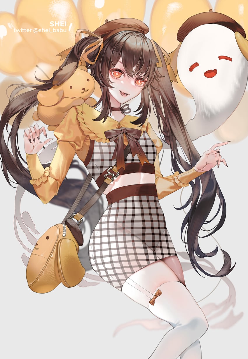 hu tao, boo tao, and pompompurin (genshin impact and 1 more) drawn by shei99