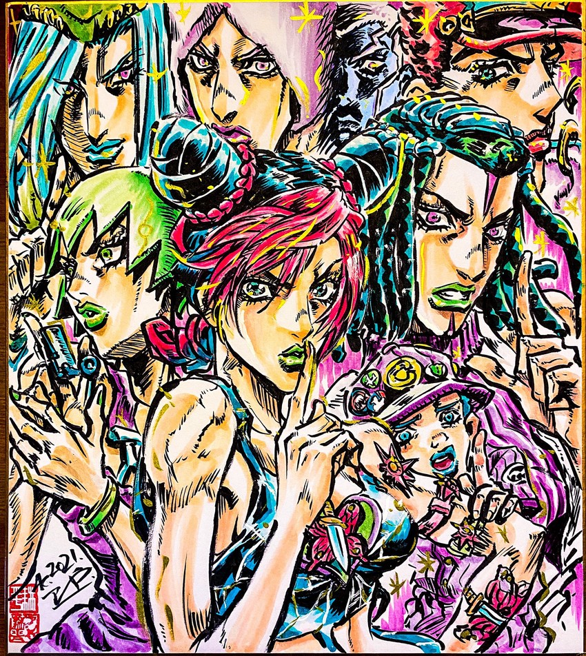 kujo jotaro, kujo jolyne, narciso anasui, foo fighters, enrico pucci, and 3 more (jojo no kimyou na bouken and 1 more) drawn by ashiya_kouhei