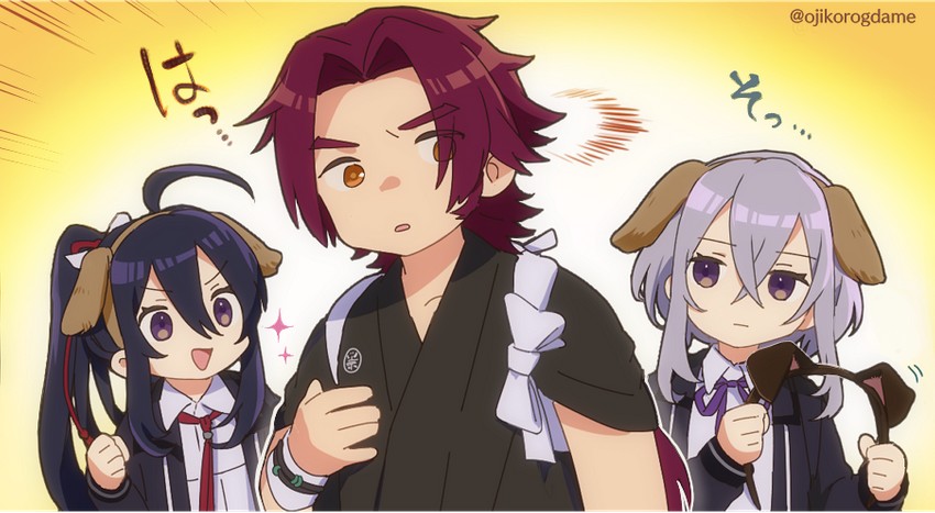 namazuo toushirou, honebami toushirou, and tonbokiri (touken ranbu) drawn by ojiko