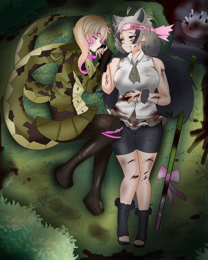 african rock python and ezo brown bear (kemono friends) drawn by nanoder