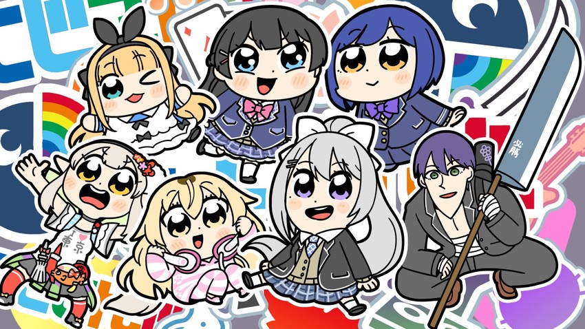 tsukino mito, higuchi kaede, kenmochi touya, shizuka rin, mononobe alice, and 2 more (nijisanji) drawn by bkub