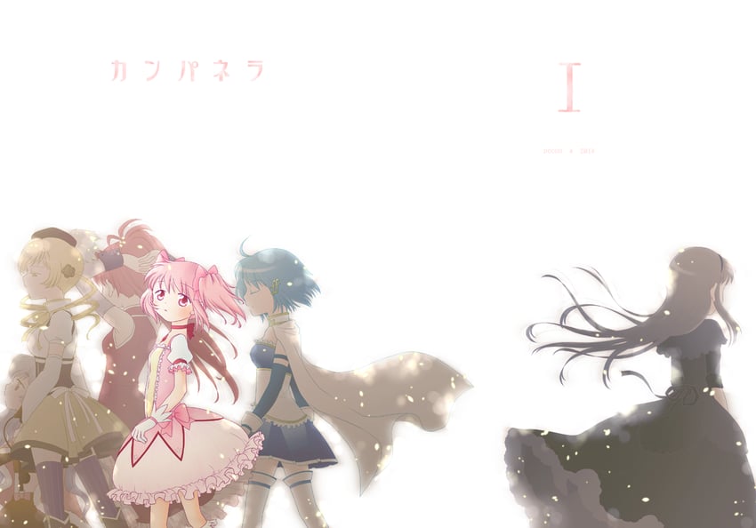 akemi homura, kaname madoka, miki sayaka, sakura kyoko, tomoe mami, and 1 more (mahou shoujo madoka magica and 1 more) drawn by kinoji