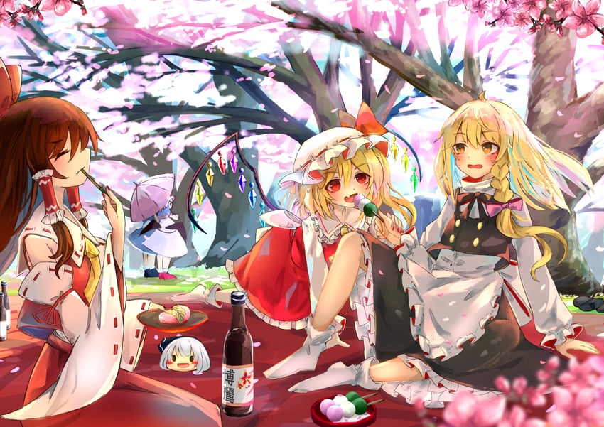 hakurei reimu, kirisame marisa, remilia scarlet, flandre scarlet, izayoi sakuya, and 1 more (touhou) drawn by semisigule