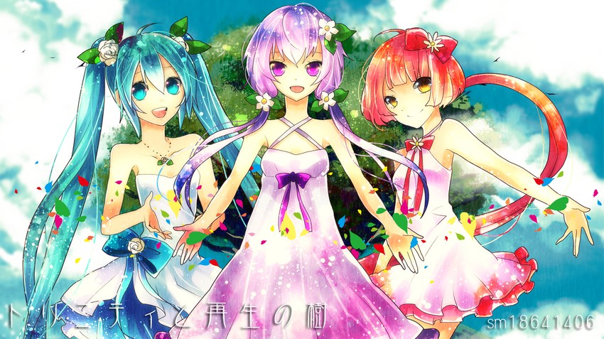 hatsune miku, yuzuki yukari, and nekomura iroha (vocaloid and 1 more) drawn by sazanami_shione