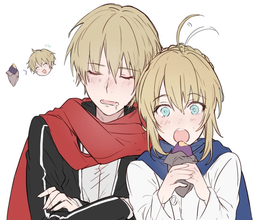 artoria pendragon, saber, and gilgamesh (fate and 1 more) drawn by waltz_(tram)