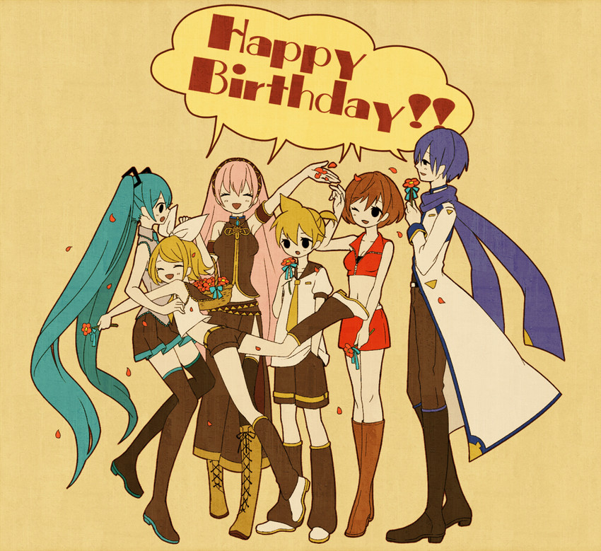 hatsune miku, kagamine rin, kagamine len, megurine luka, kaito, and 1 more (vocaloid) drawn by cocococco