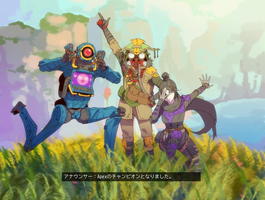 wraith, bloodhound, and pathfinder (apex legends) drawn by mizu_cx