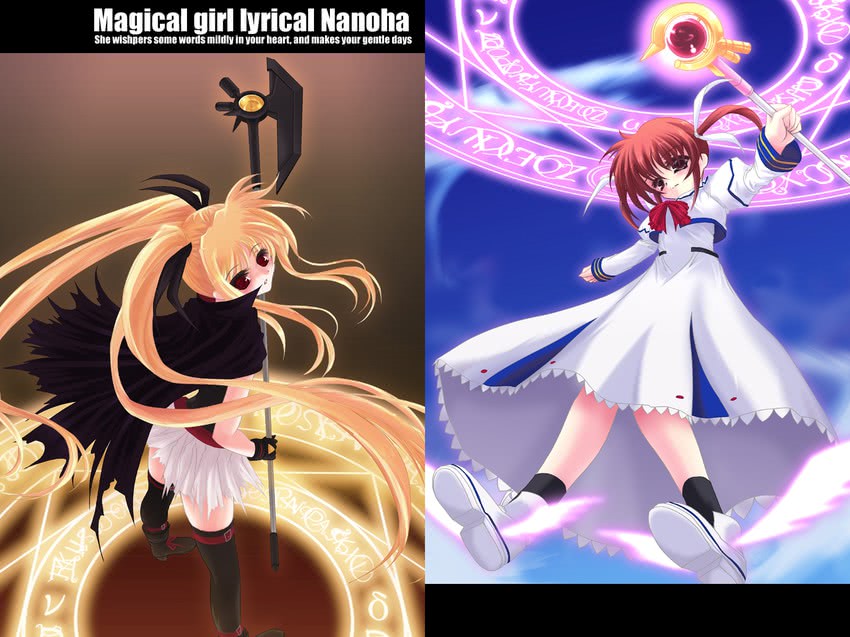 fate testarossa, takamachi nanoha, raising heart, and bardiche (lyrical nanoha and 1 more) drawn by frapowa