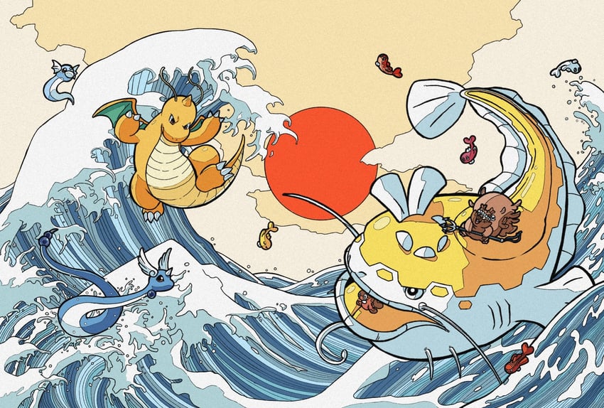 dragonite, dragonair, tatsugiri, dratini, greedent, and 1 more (pokemon and 1 more) drawn by debudebumetabo