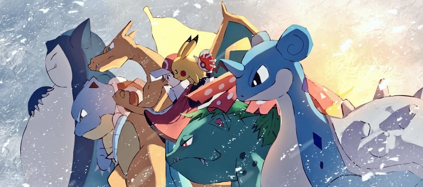 pikachu, red, charizard, snorlax, lapras, and 2 more (pokemon and 1 more) drawn by zeroartwo