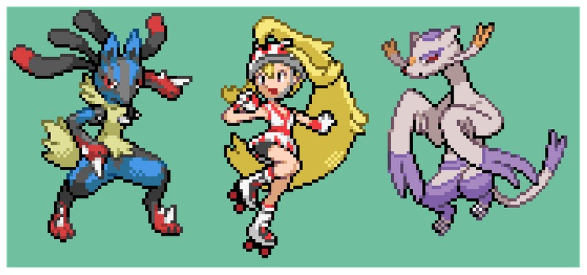 lucario, korrina, mienshao, and mega lucario (pokemon and 1 more) drawn by jon_(zyagapi)