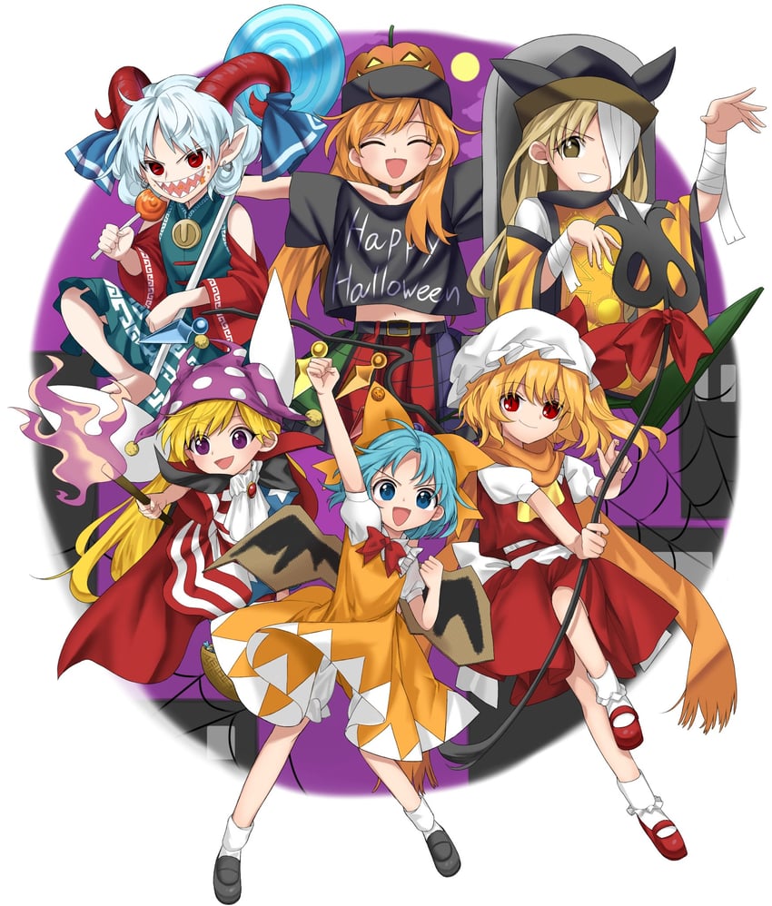 flandre scarlet, cirno, clownpiece, hecatia lapislazuli, matara okina, and 1 more (touhou) drawn by keiki8296