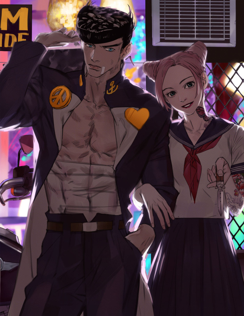 kujo jolyne and higashikata josuke (jojo no kimyou na bouken and 2 more) drawn by emg_(christain)