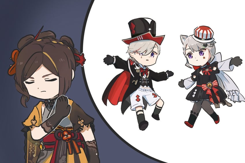 lynette, lyney, and chiori (genshin impact and 1 more) drawn by xinzoruo
