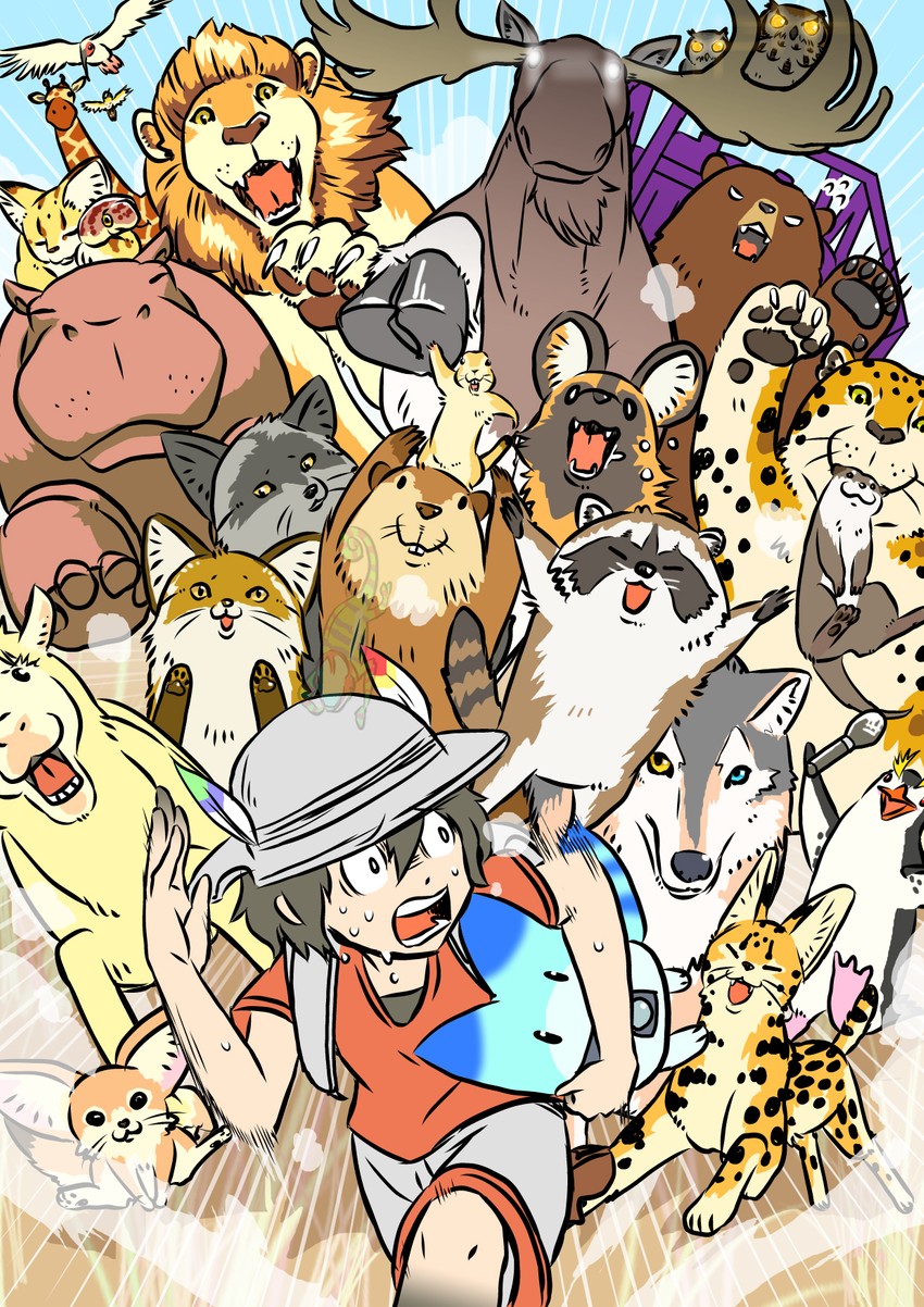 serval, kaban, lucky beast, silver fox, japanese crested ibis, and 18 more (kemono friends) drawn by taoi_(taoi58829762)