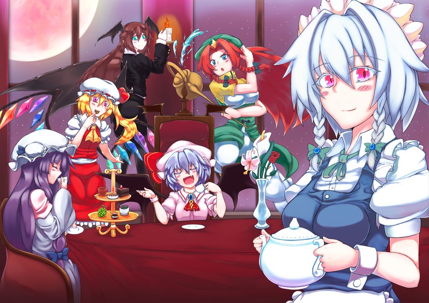 remilia scarlet, flandre scarlet, izayoi sakuya, patchouli knowledge, hong meiling, and 1 more (touhou) drawn by ryuuno_stadtfeld