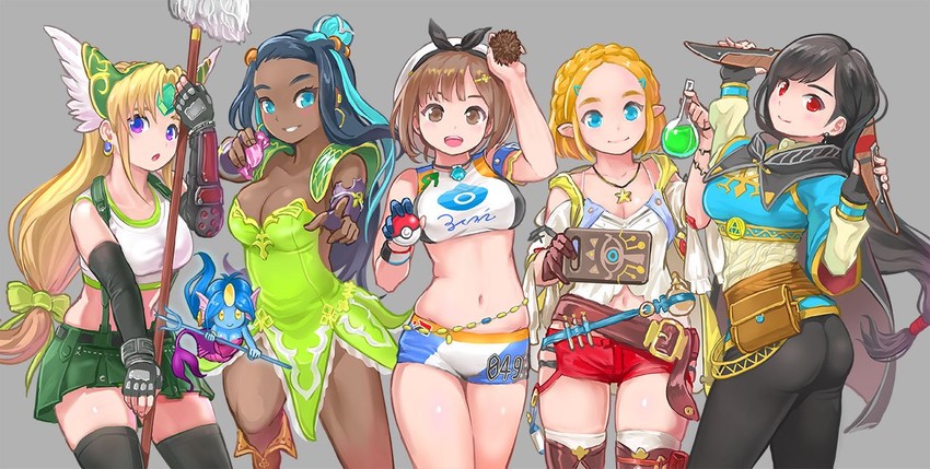 princess zelda, tifa lockhart, reisalin stout, nessa, and riesz (pokemon and 11 more) drawn by himeshaga